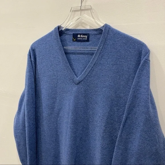 McKenzy Superfine Outwear Vintage Lambswool V-Neck Sweater Blue Long Sleeve L